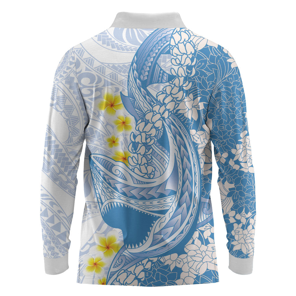 Blue Hawaii Shark Tattoo Long Sleeve Polo Shirt Puakenikeni Lei Plumeria Polynesian Pattern LT14 - Polynesian Pride