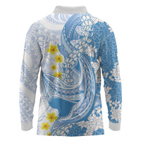 Blue Hawaii Shark Tattoo Long Sleeve Polo Shirt Puakenikeni Lei Plumeria Polynesian Pattern LT14 - Polynesian Pride