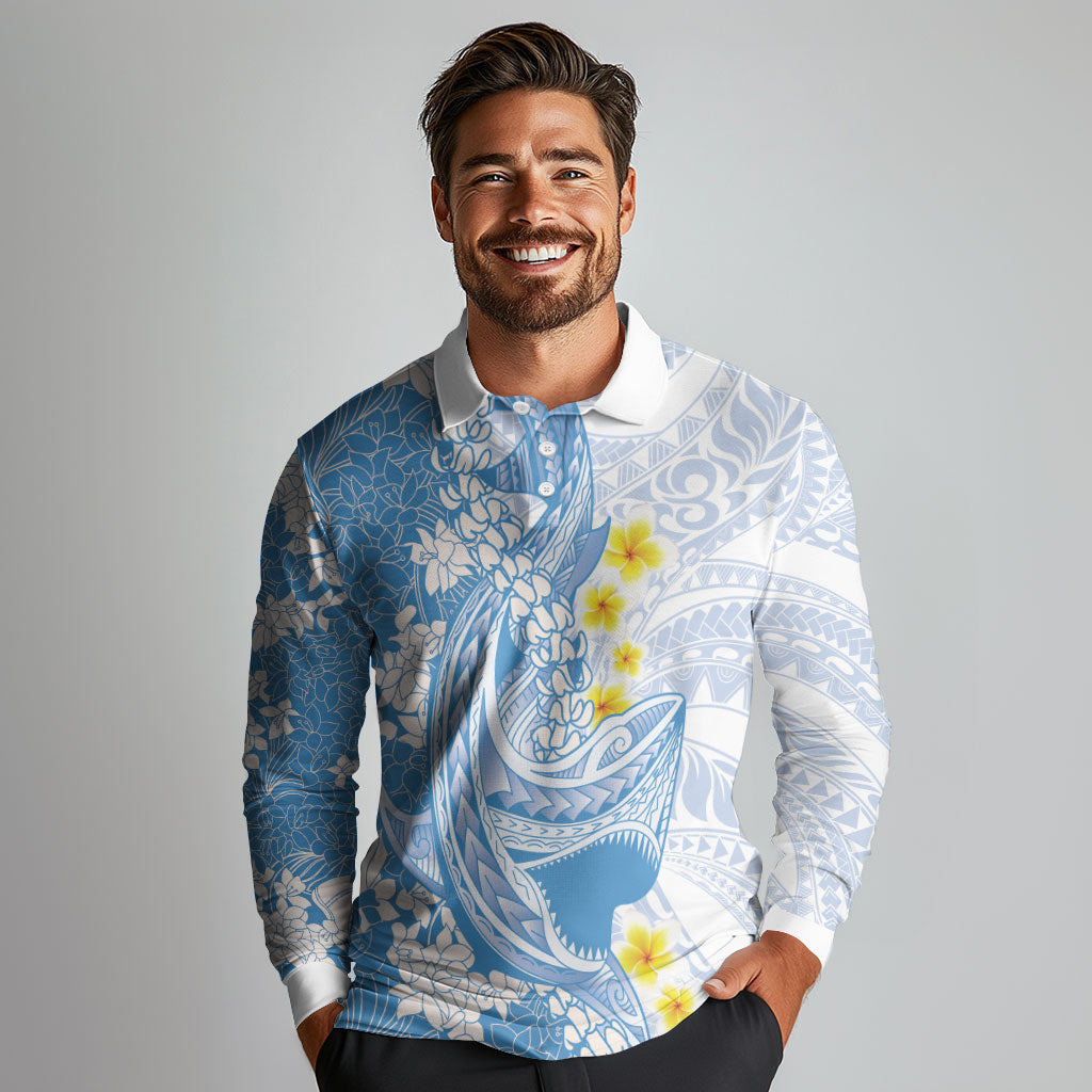 Blue Hawaii Shark Tattoo Long Sleeve Polo Shirt Puakenikeni Lei Plumeria Polynesian Pattern LT14 - Polynesian Pride