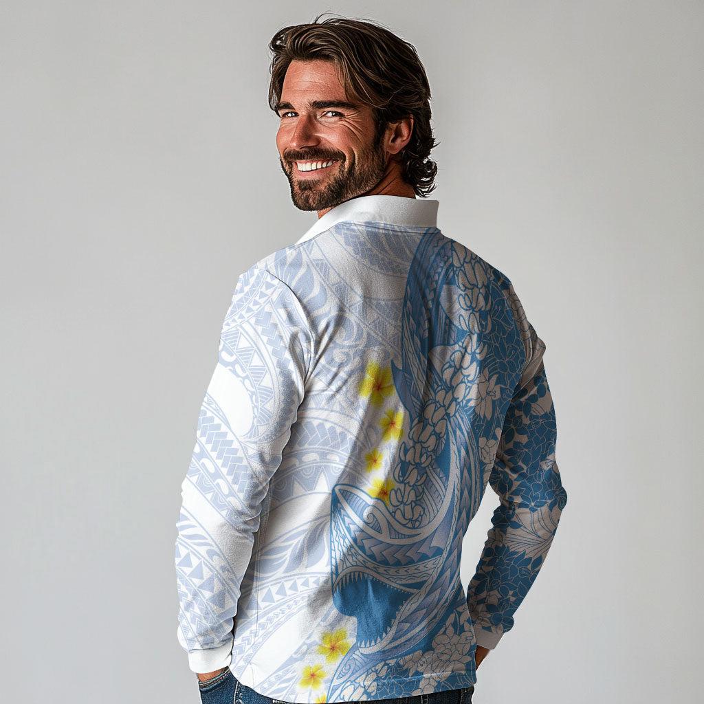 Blue Hawaii Shark Tattoo Long Sleeve Polo Shirt Puakenikeni Lei Plumeria Polynesian Pattern LT14 - Polynesian Pride