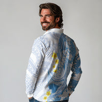 Blue Hawaii Shark Tattoo Long Sleeve Polo Shirt Puakenikeni Lei Plumeria Polynesian Pattern LT14 - Polynesian Pride
