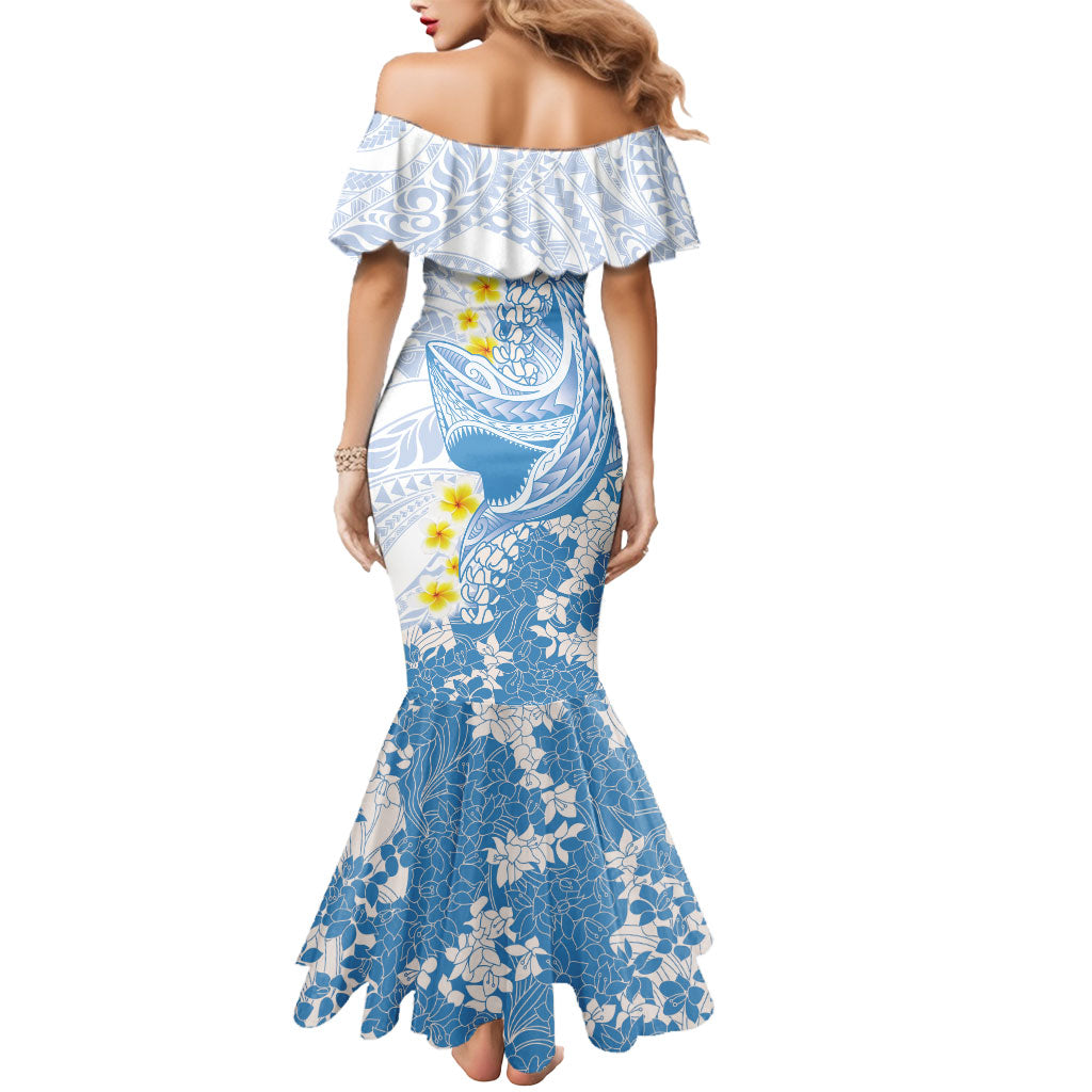 Blue Hawaii Shark Tattoo Mermaid Dress Puakenikeni Lei Plumeria Polynesian Pattern