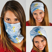 Blue Hawaii Shark Tattoo Neck Gaiter Puakenikeni Lei Plumeria Polynesian Pattern