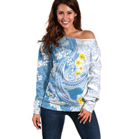 Blue Hawaii Shark Tattoo Off Shoulder Sweater Puakenikeni Lei Plumeria Polynesian Pattern LT14 Women Blue - Polynesian Pride