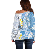 Blue Hawaii Shark Tattoo Off Shoulder Sweater Puakenikeni Lei Plumeria Polynesian Pattern LT14 - Polynesian Pride