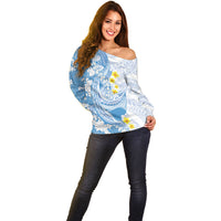 Blue Hawaii Shark Tattoo Off Shoulder Sweater Puakenikeni Lei Plumeria Polynesian Pattern LT14 - Polynesian Pride