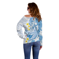 Blue Hawaii Shark Tattoo Off Shoulder Sweater Puakenikeni Lei Plumeria Polynesian Pattern LT14 - Polynesian Pride