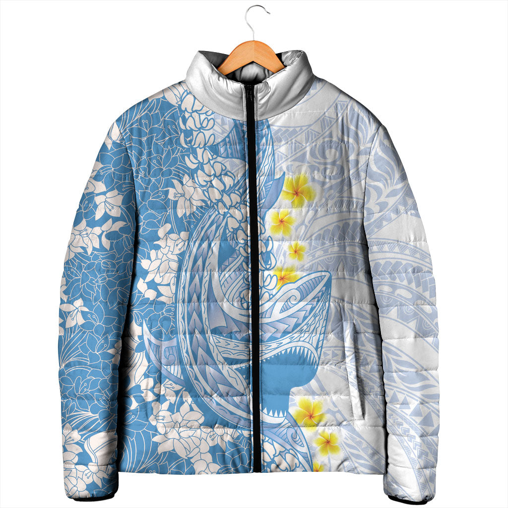 Blue Hawaii Shark Tattoo Padded Jacket Puakenikeni Lei Plumeria Polynesian Pattern