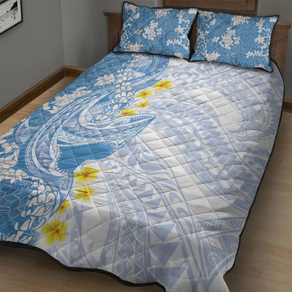 Blue Hawaii Shark Tattoo Quilt Bed Set Puakenikeni Lei Plumeria Polynesian Pattern