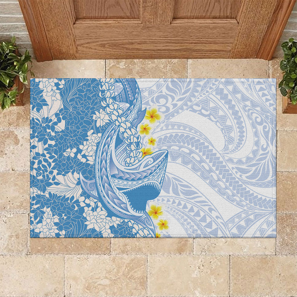 Blue Hawaii Shark Tattoo Rubber Doormat Puakenikeni Lei Plumeria Polynesian Pattern