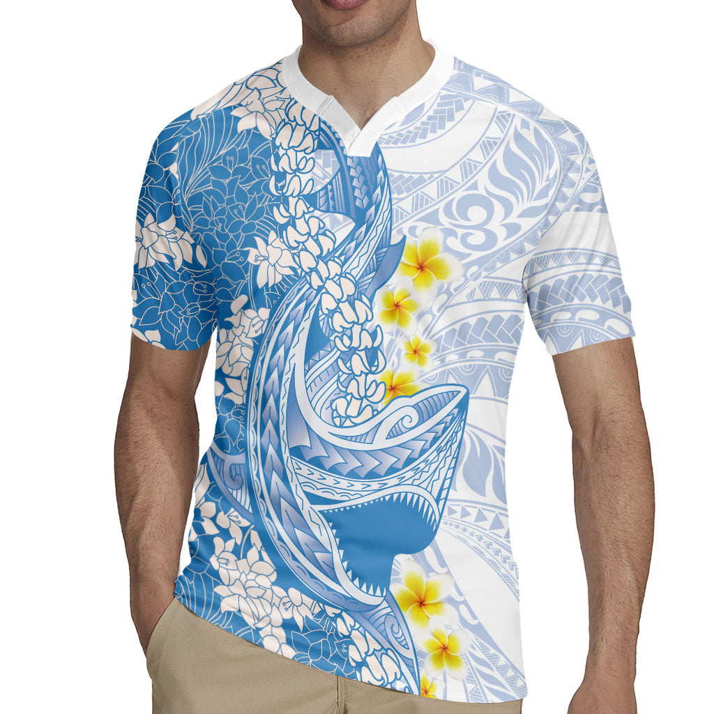 Blue Hawaii Shark Tattoo Rugby Jersey Puakenikeni Lei Plumeria Polynesian Pattern