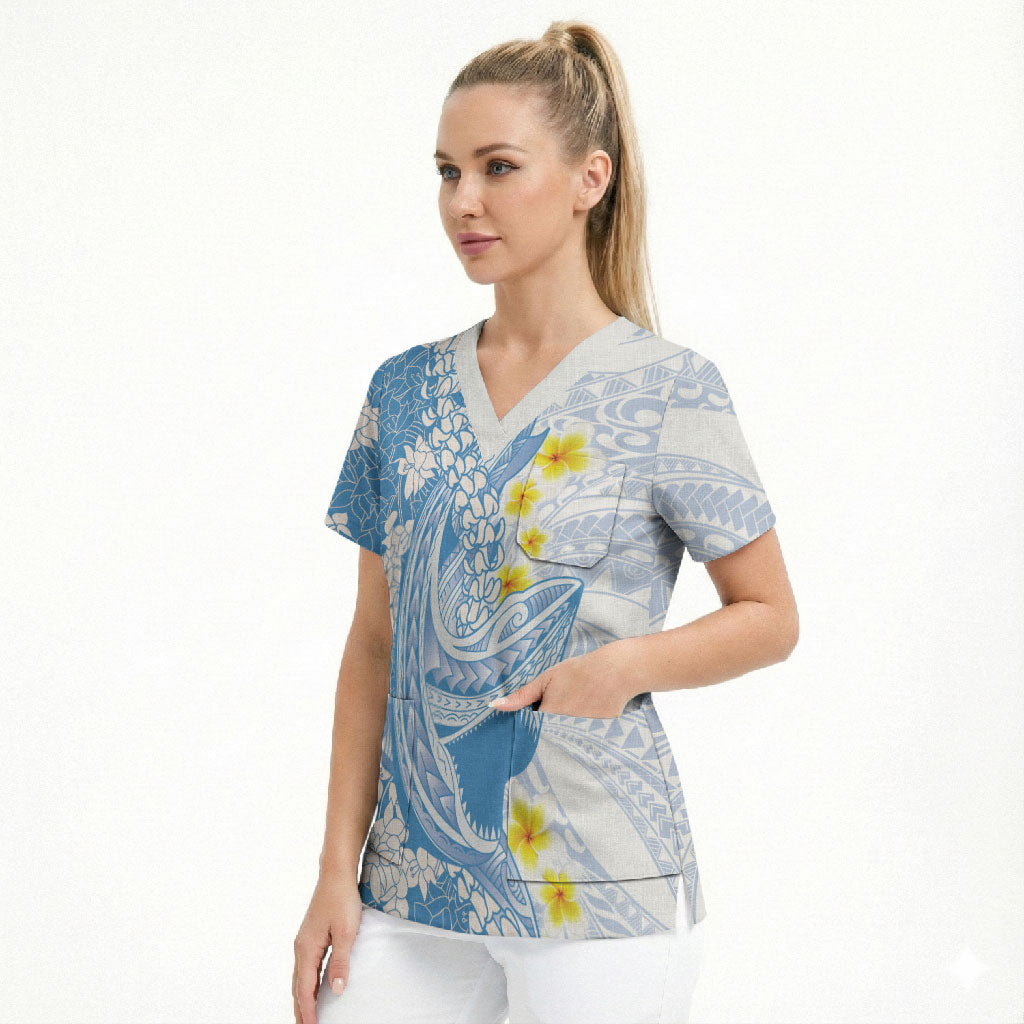 Blue Hawaii Shark Tattoo Scrub Top Puakenikeni Lei Plumeria Polynesian Pattern