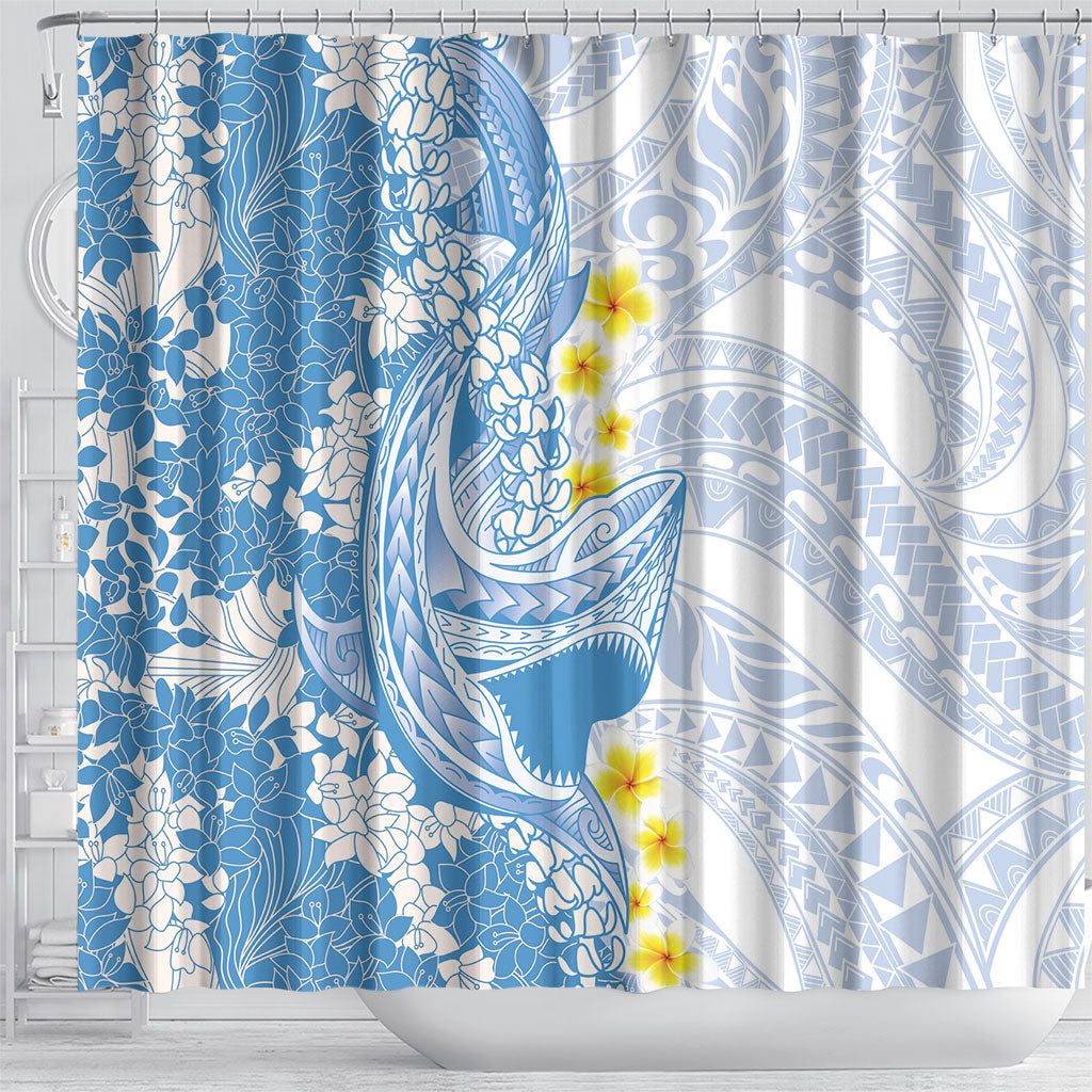 Blue Hawaii Shark Tattoo Shower Curtain Puakenikeni Lei Plumeria Polynesian Pattern