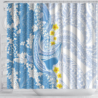Blue Hawaii Shark Tattoo Shower Curtain Puakenikeni Lei Plumeria Polynesian Pattern