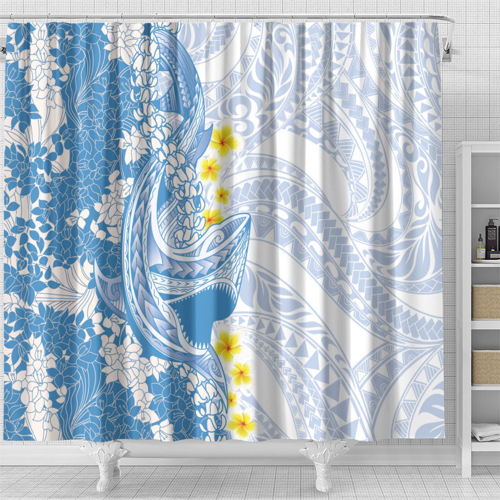 Blue Hawaii Shark Tattoo Shower Curtain Puakenikeni Lei Plumeria Polynesian Pattern