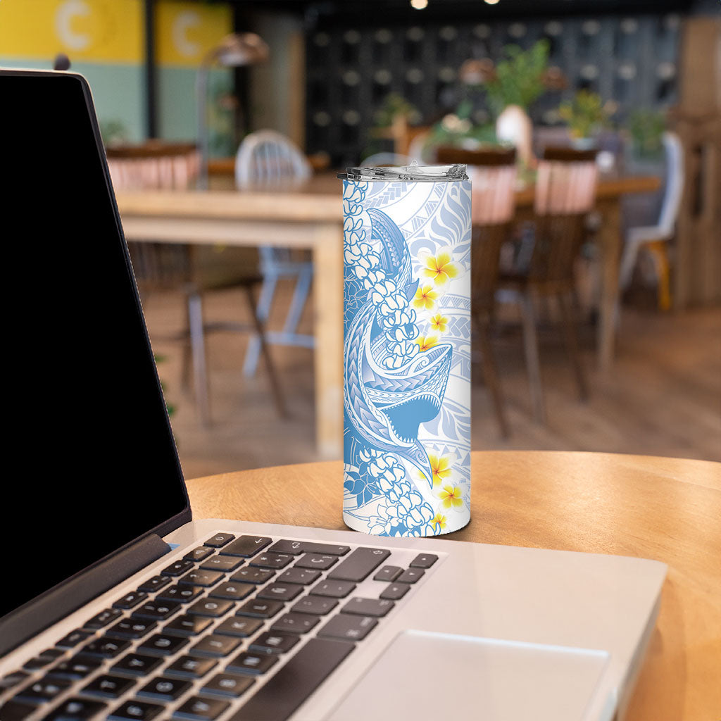 Blue Hawaii Shark Tattoo Skinny Tumbler Puakenikeni Lei Plumeria Polynesian Pattern