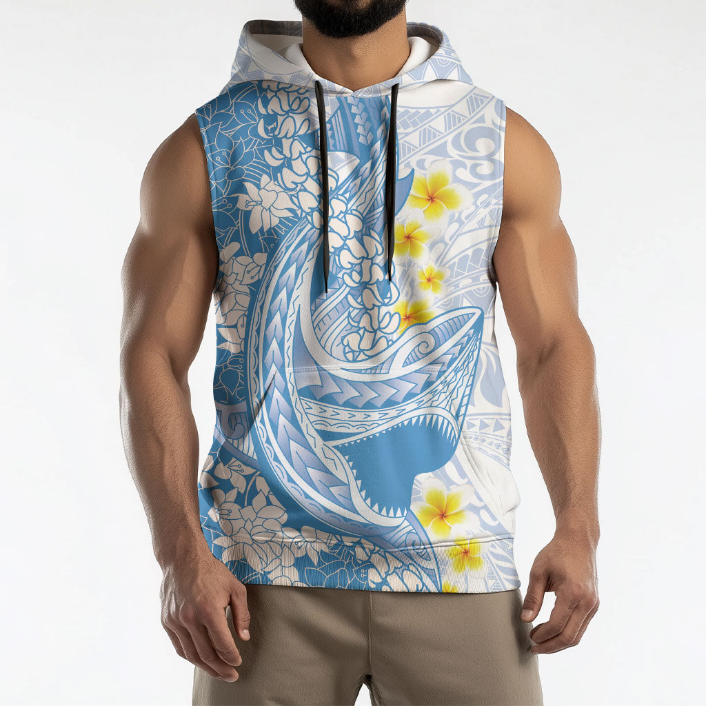 Blue Hawaii Shark Tattoo Sleeveless Hoodie Puakenikeni Lei Plumeria Polynesian Pattern