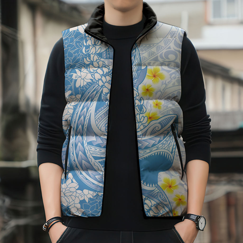 Blue Hawaii Shark Tattoo Sleeveless Puffer Jacket Puakenikeni Lei Plumeria Polynesian Pattern