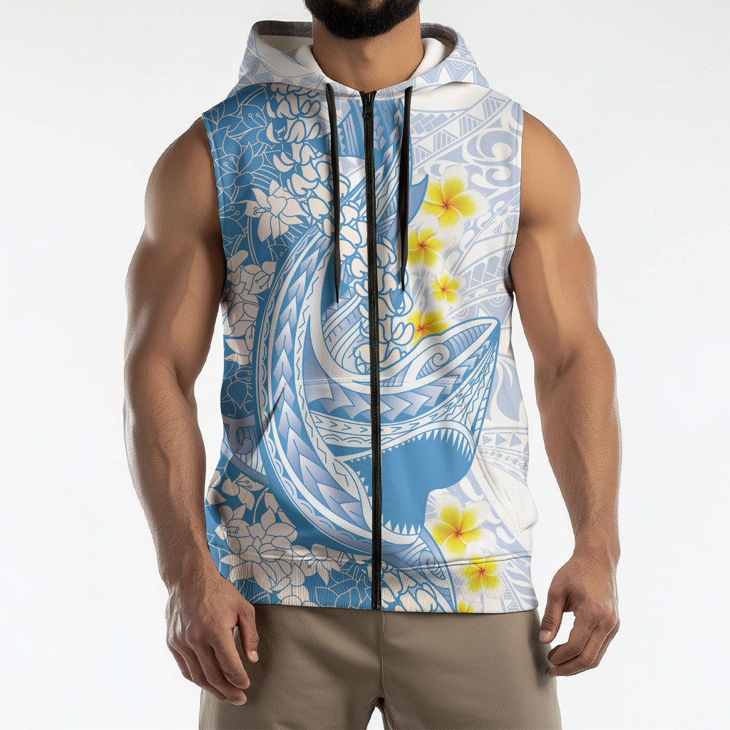 Blue Hawaii Shark Tattoo Sleeveless Zip Hoodie Puakenikeni Lei Plumeria Polynesian Pattern