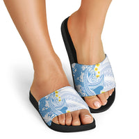 Blue Hawaii Shark Tattoo Slide Sandals Puakenikeni Lei Plumeria Polynesian Pattern