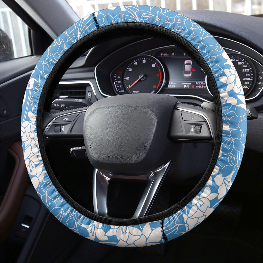 Blue Hawaii Shark Tattoo Steering Wheel Cover Puakenikeni Lei Plumeria Polynesian Pattern