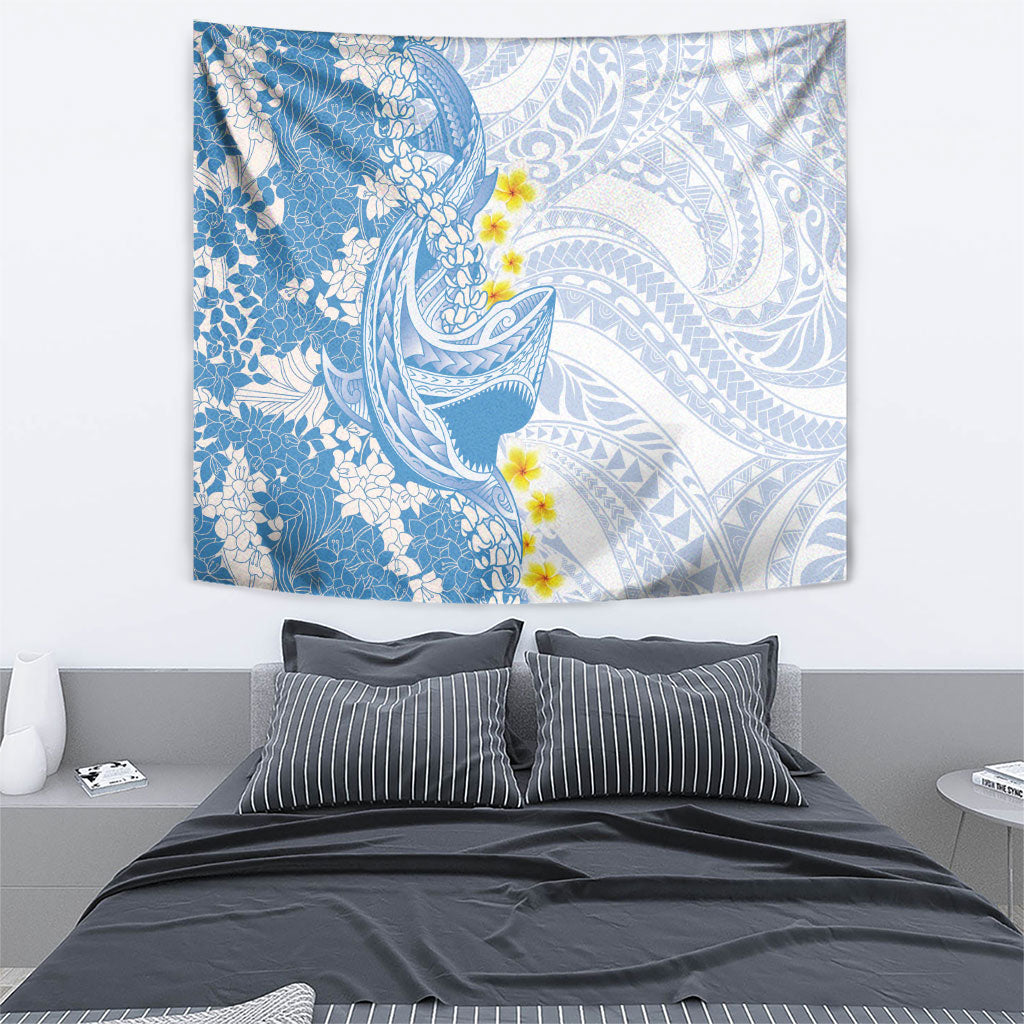 Blue Hawaii Shark Tattoo Tapestry Puakenikeni Lei Plumeria Polynesian Pattern LT14 - Polynesian Pride