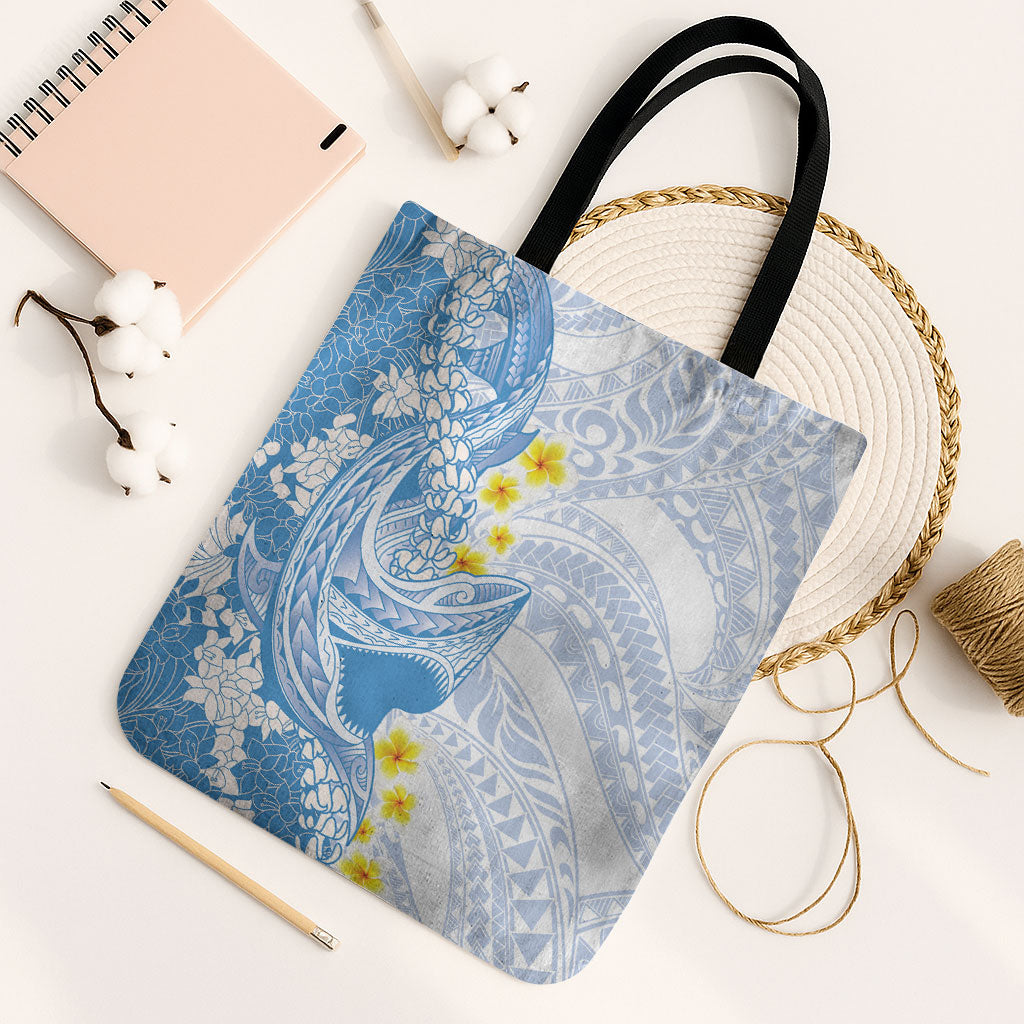 Blue Hawaii Shark Tattoo Tote Bag Puakenikeni Lei Plumeria Polynesian Pattern