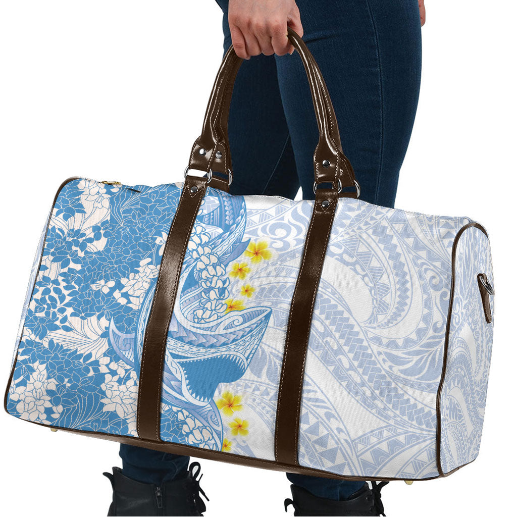 Blue Hawaii Shark Tattoo Travel Bag Puakenikeni Lei Plumeria Polynesian Pattern