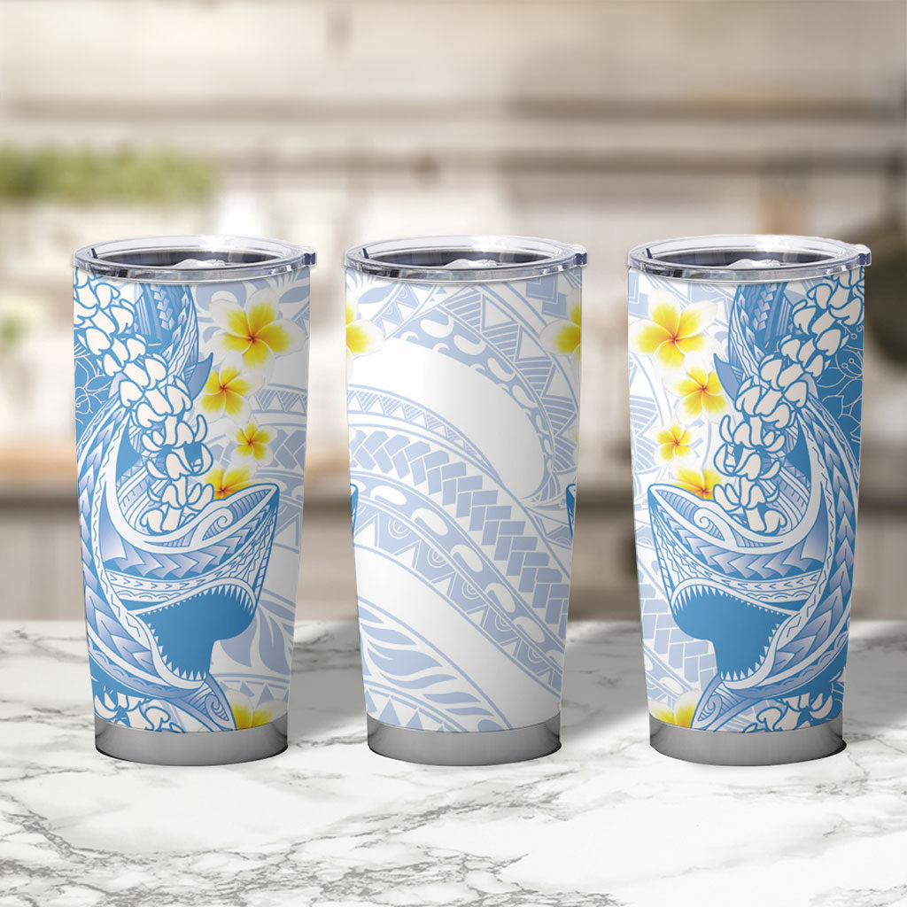 Blue Hawaii Shark Tattoo Tumbler Cup Puakenikeni Lei Plumeria Polynesian Pattern