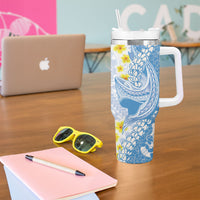 Blue Hawaii Shark Tattoo Tumbler With Handle Puakenikeni Lei Plumeria Polynesian Pattern