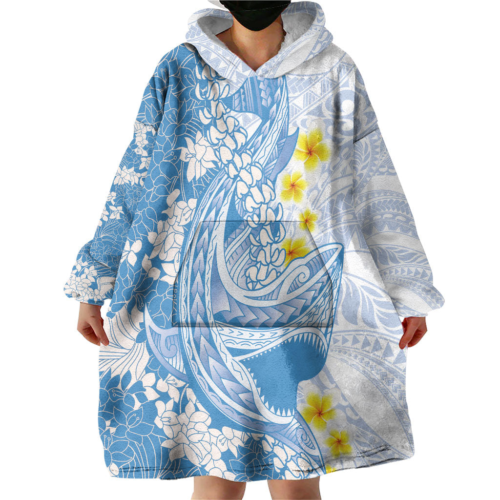 Blue Hawaii Shark Tattoo Wearable Blanket Hoodie Puakenikeni Lei Plumeria Polynesian Pattern