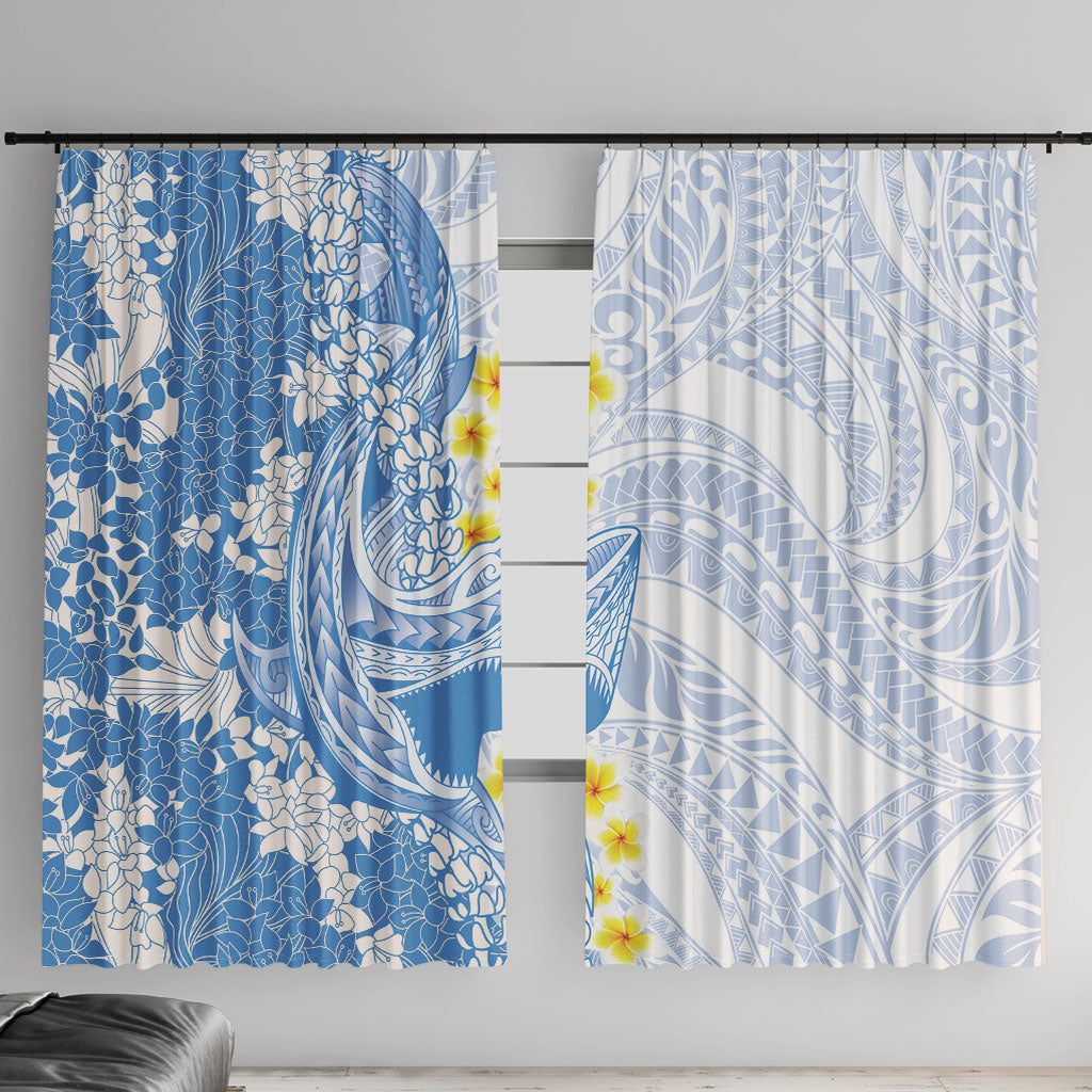 Blue Hawaii Shark Tattoo Window Curtain Puakenikeni Lei Plumeria Polynesian Pattern LT14 With Hooks Blue - Polynesian Pride