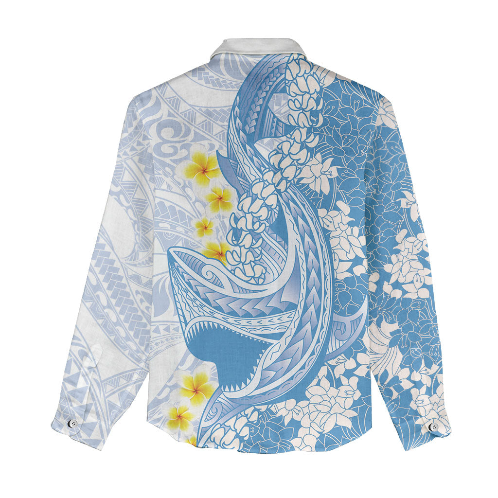 Blue Hawaii Shark Tattoo Women Casual Shirt Puakenikeni Lei Plumeria Polynesian Pattern