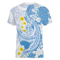 Blue Hawaii Shark Tattoo Women V-Neck T-Shirt Puakenikeni Lei Plumeria Polynesian Pattern