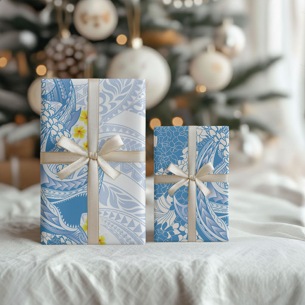 Blue Hawaii Shark Tattoo Wrapping Paper Puakenikeni Lei Plumeria Polynesian Pattern