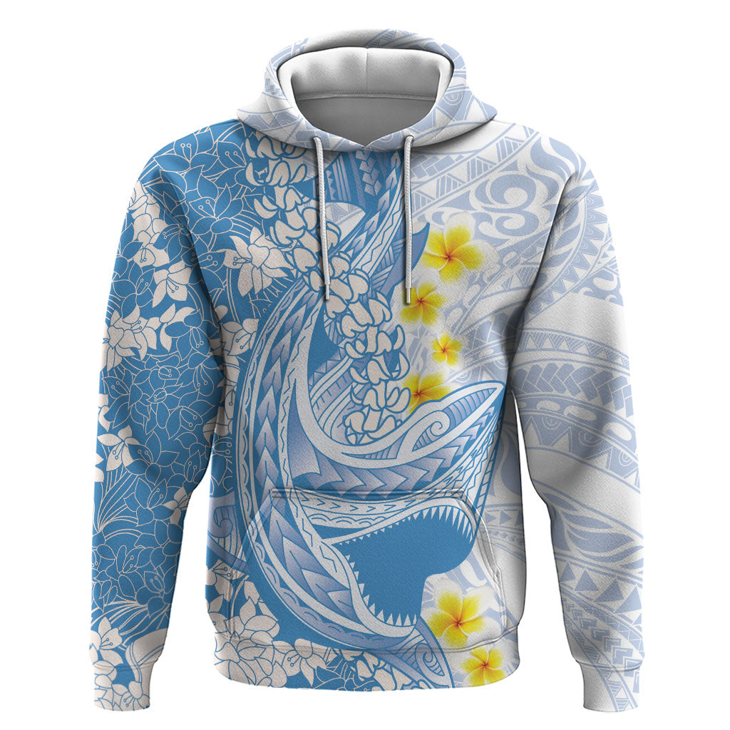 Blue Hawaii Shark Tattoo Zip Hoodie Puakenikeni Lei Plumeria Polynesian Pattern