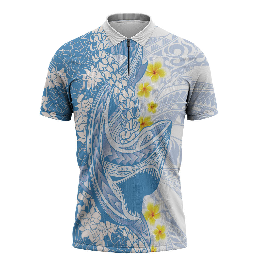 Blue Hawaii Shark Tattoo Zipper Polo Shirt Puakenikeni Lei Plumeria Polynesian Pattern