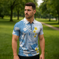 Blue Hawaii Shark Tattoo Zipper Polo Shirt Puakenikeni Lei Plumeria Polynesian Pattern