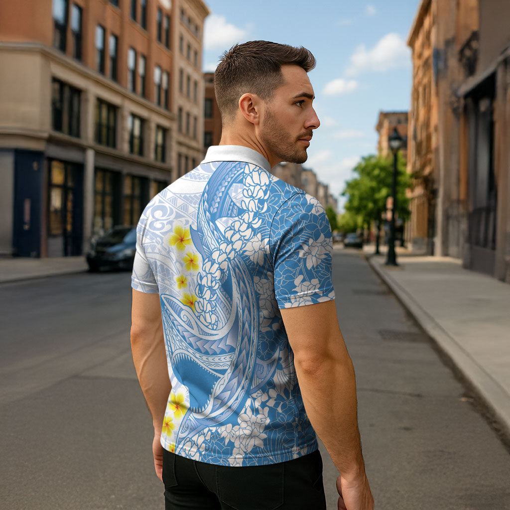 Blue Hawaii Shark Tattoo Zipper Polo Shirt Puakenikeni Lei Plumeria Polynesian Pattern
