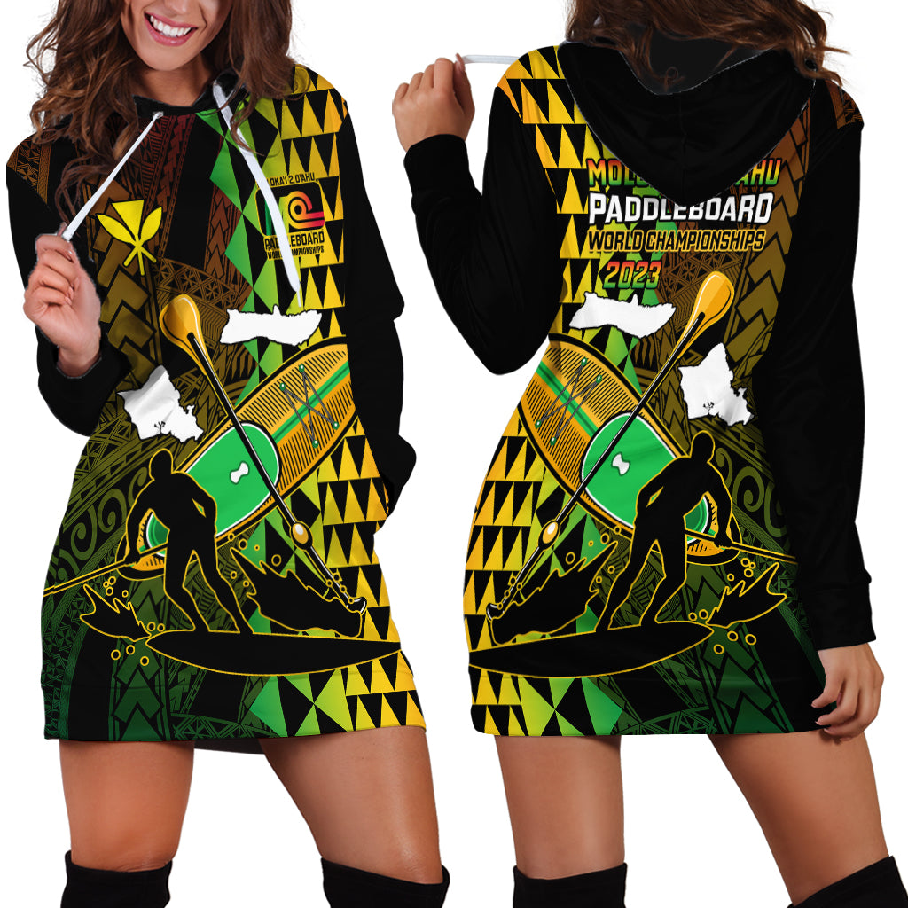 Paddle Board Hawaii Hoodie Dress Molokai 2 Oahu World Championships Kakau Pattern LT14 - Polynesian Pride