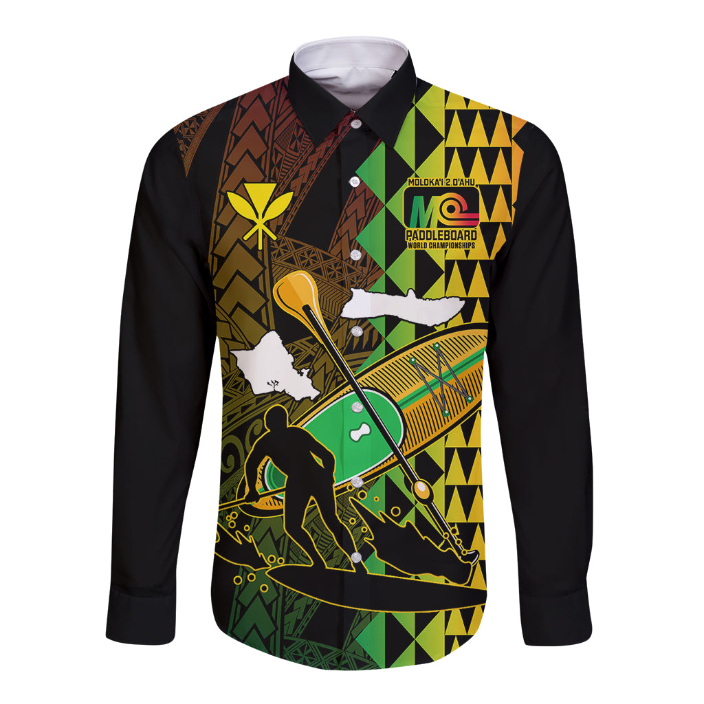 Paddle Board Hawaii Long Sleeve Button Shirt Molokai 2 Oahu World Championships Kakau Pattern LT14 Unisex Black - Polynesian Pride