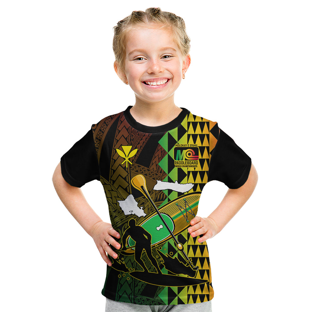 Personalised Paddle Board Hawaii Kid T Shirt Molokai 2 Oahu World Championships Kakau Pattern LT14 Black - Polynesian Pride