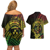 Reggae Kosrae Liberation Day Couples Matching Off Shoulder Short Dress and Hawaiian Shirt September 8 Polynesian Tattoo - Polynesian Pride