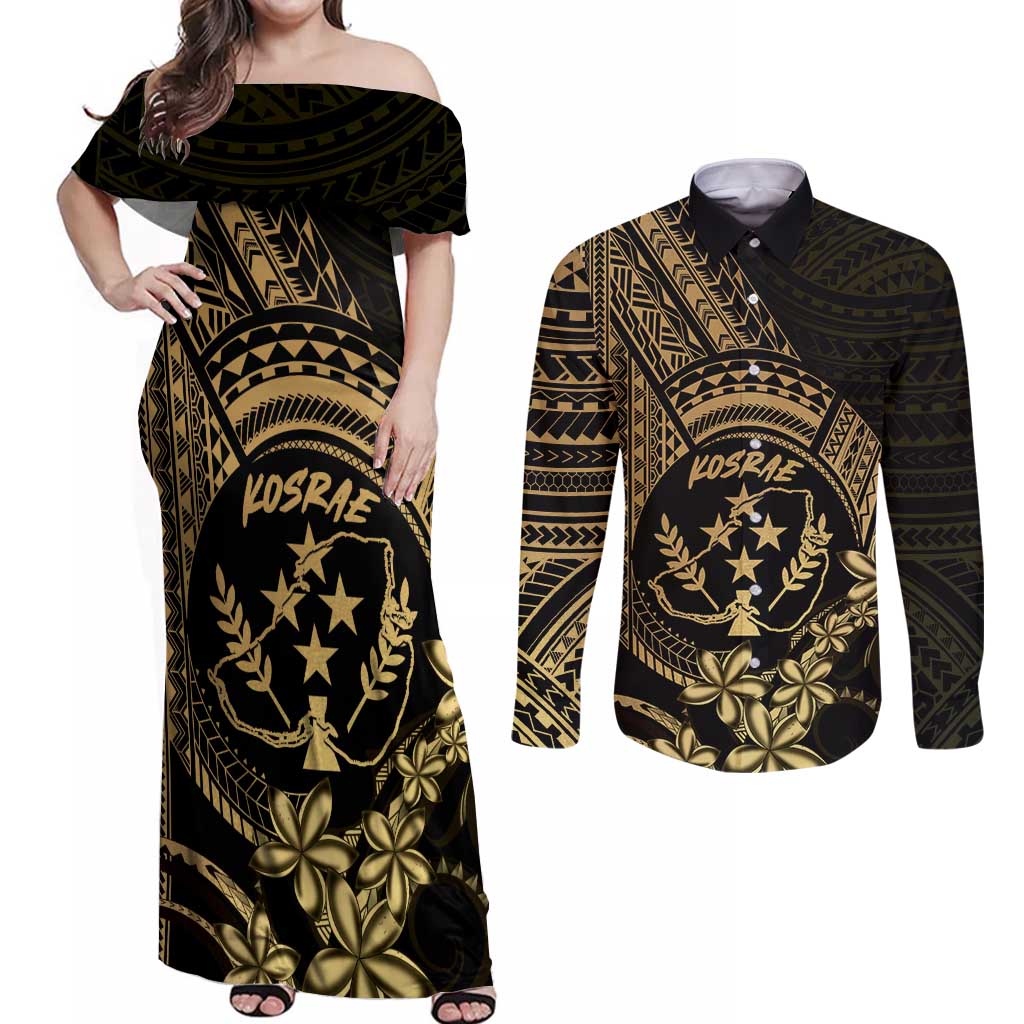 Gold Kosrae Liberation Day Couples Matching Off Shoulder Maxi Dress and Long Sleeve Button Shirt September 8 Polynesian Tattoo - Polynesian Pride