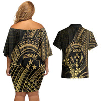 Gold Kosrae Liberation Day Couples Matching Off Shoulder Short Dress and Hawaiian Shirt September 8 Polynesian Tattoo - Polynesian Pride