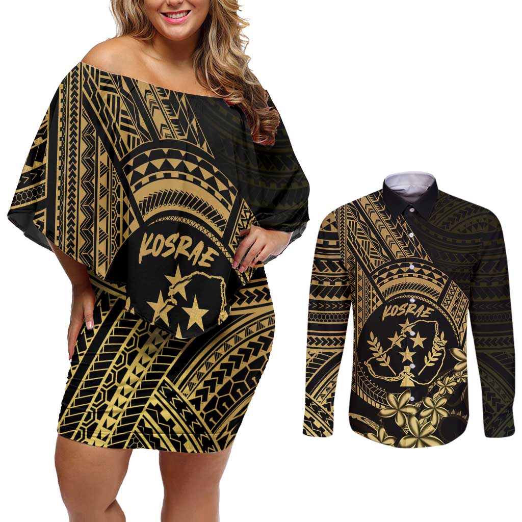 Gold Kosrae Liberation Day Couples Matching Off Shoulder Short Dress and Long Sleeve Button Shirt September 8 Polynesian Tattoo - Polynesian Pride