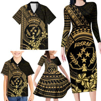 Gold Kosrae Liberation Day Family Matching Long Sleeve Bodycon Dress and Hawaiian Shirt September 8 Polynesian Tattoo - Polynesian Pride