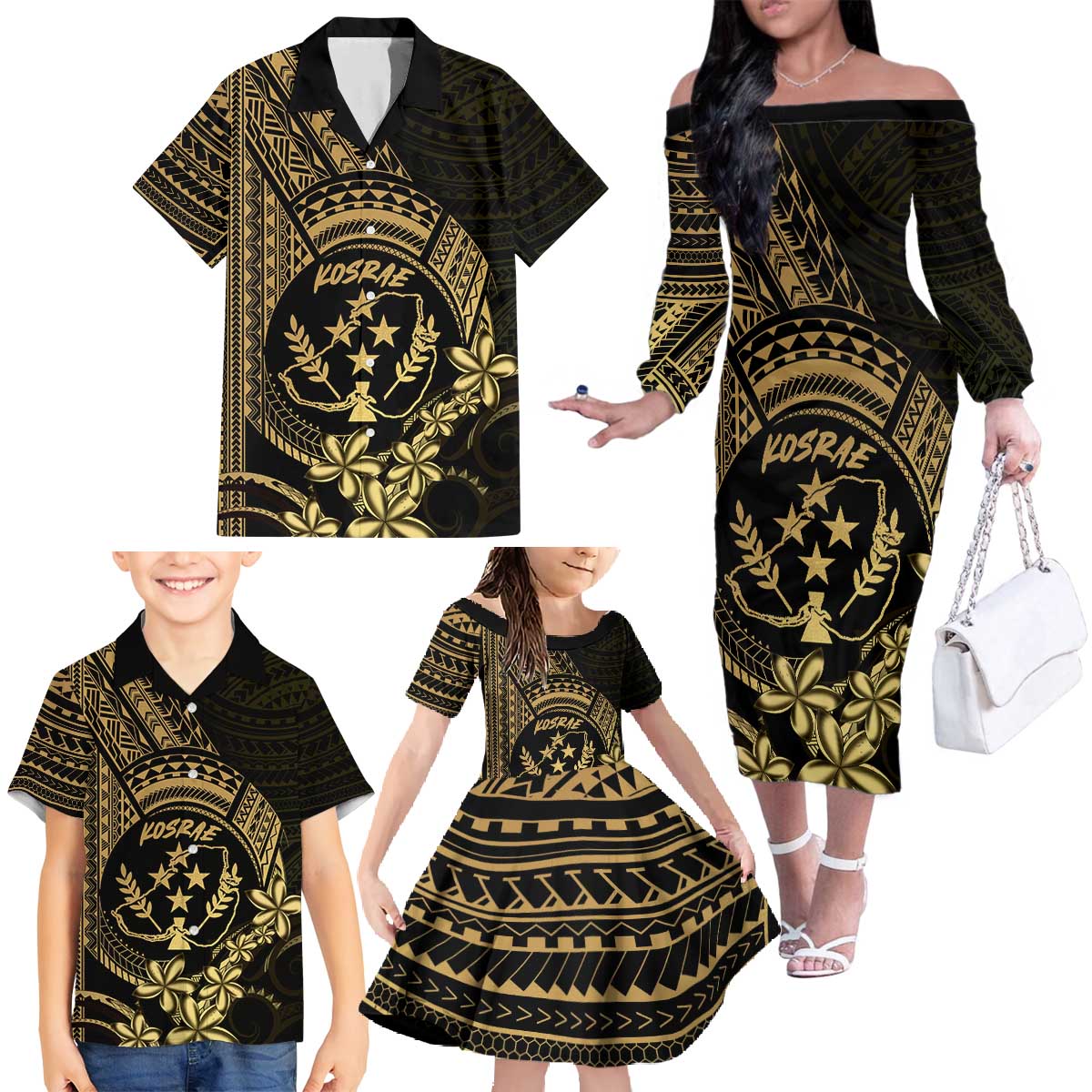 Gold Kosrae Liberation Day Family Matching Off The Shoulder Long Sleeve Dress and Hawaiian Shirt September 8 Polynesian Tattoo - Polynesian Pride