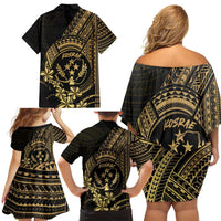 Gold Kosrae Liberation Day Family Matching Off Shoulder Short Dress and Hawaiian Shirt September 8 Polynesian Tattoo - Polynesian Pride