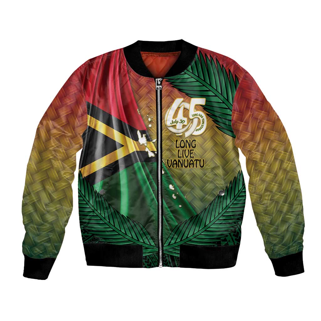 Personalised Long Live Vanuatu Independence Day Bomber Jacket 45th Anniversary Woven Pattern - Polynesian Pride